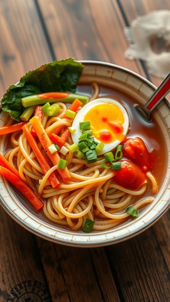 Lucky Me Instant Noodles Recipe A bowl of Lucky Me instant noodles with vegetables and boiled egg, garnished with green onions and chili sauce.